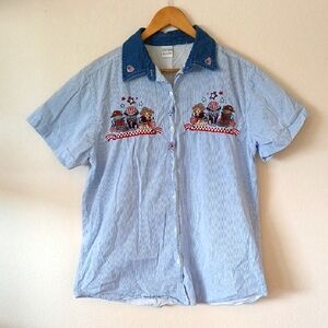 Vintage Embroidered America Cats Button Up Striped Shirt